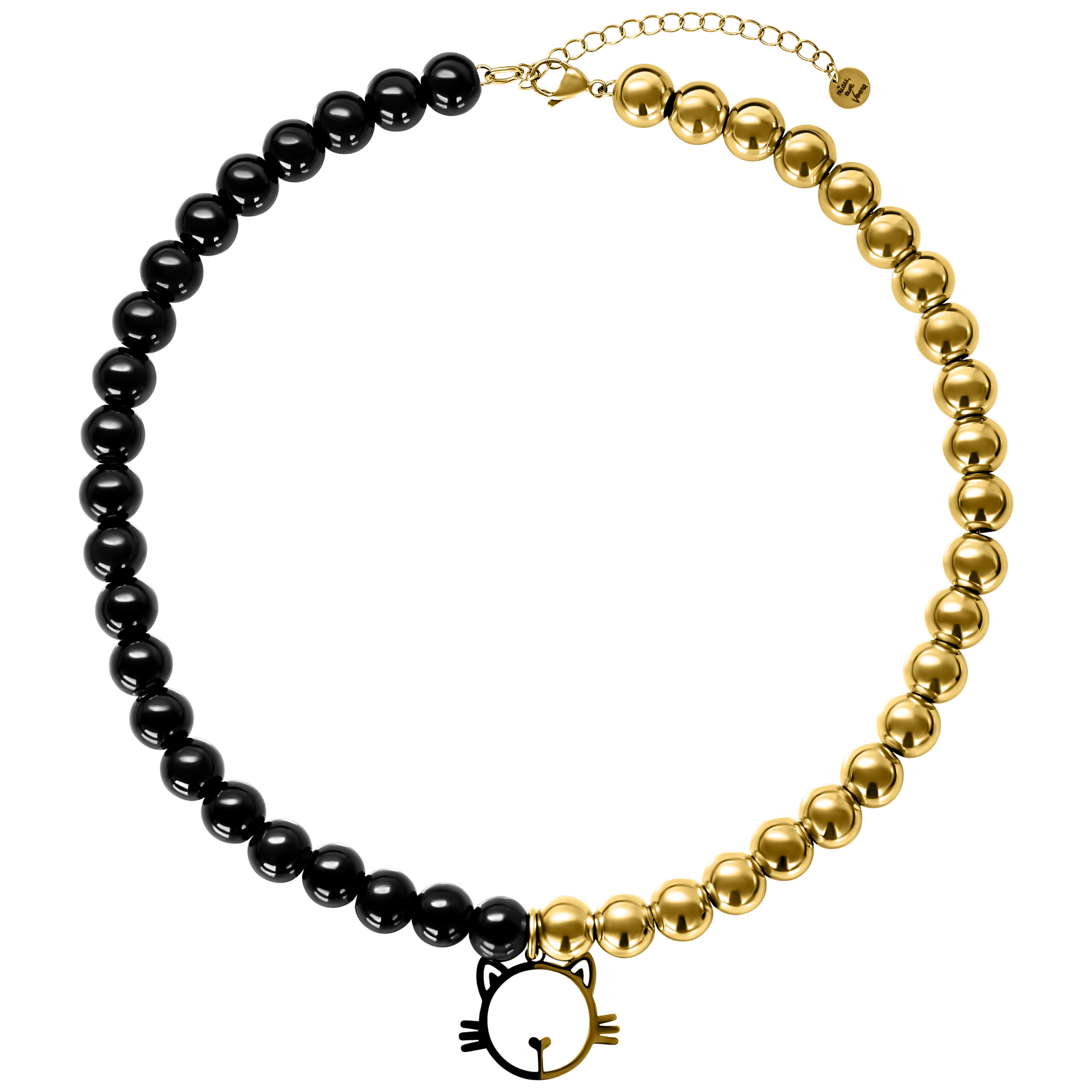 Verena Venus Halskette - Goldene Katzenperlen Halskette mit schwarzen und goldenen Perlen und Katzenanhänger auf weißem Hintergrund