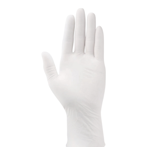 Valkoinen kertakäyttökäsine koossa M neutraalilla taustalla