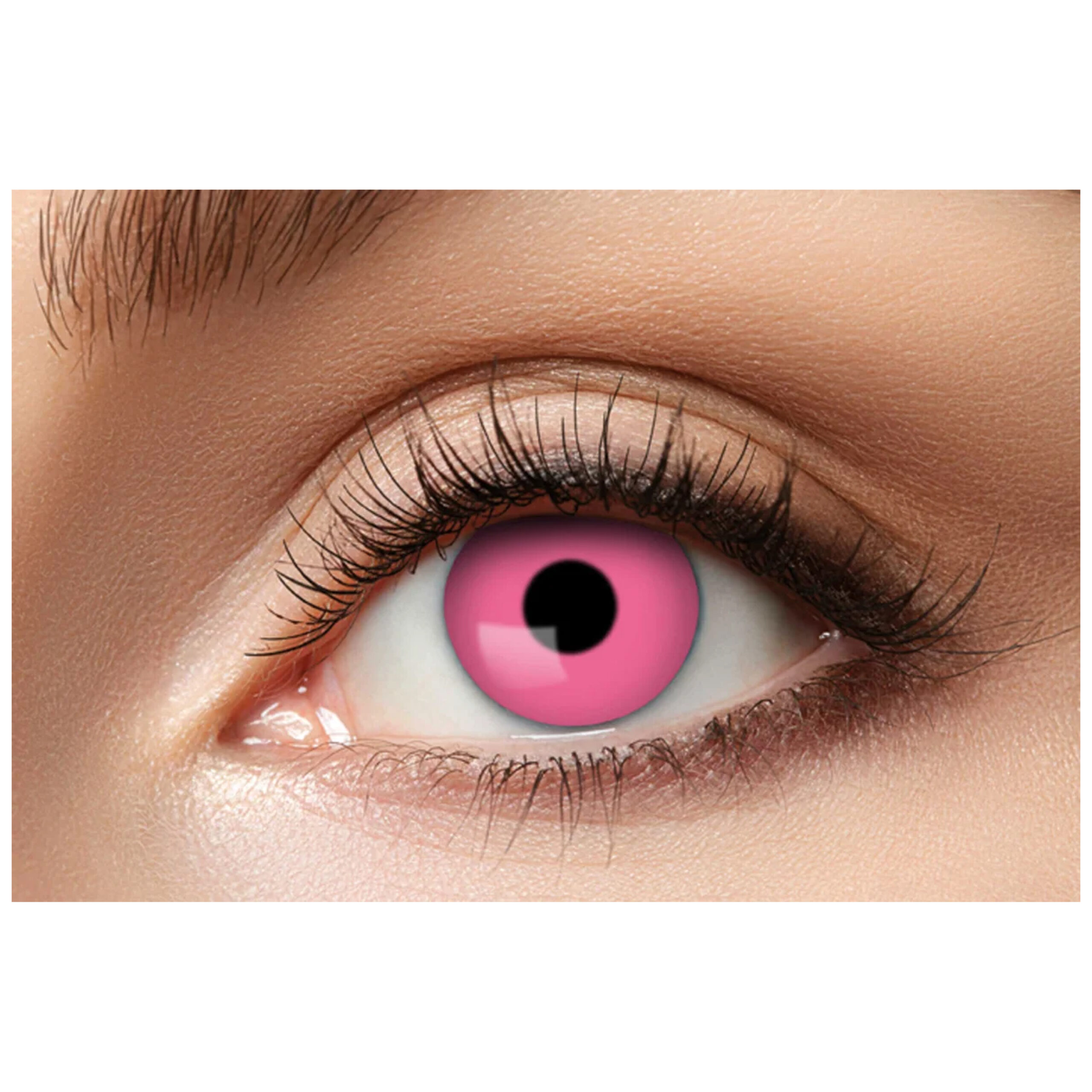 Pink Manga Kontaktlinsen für auffälligen Look Nahaufnahme eines Auges mit pinker Manga-Kontaktlinse auf neutralem Hintergrund