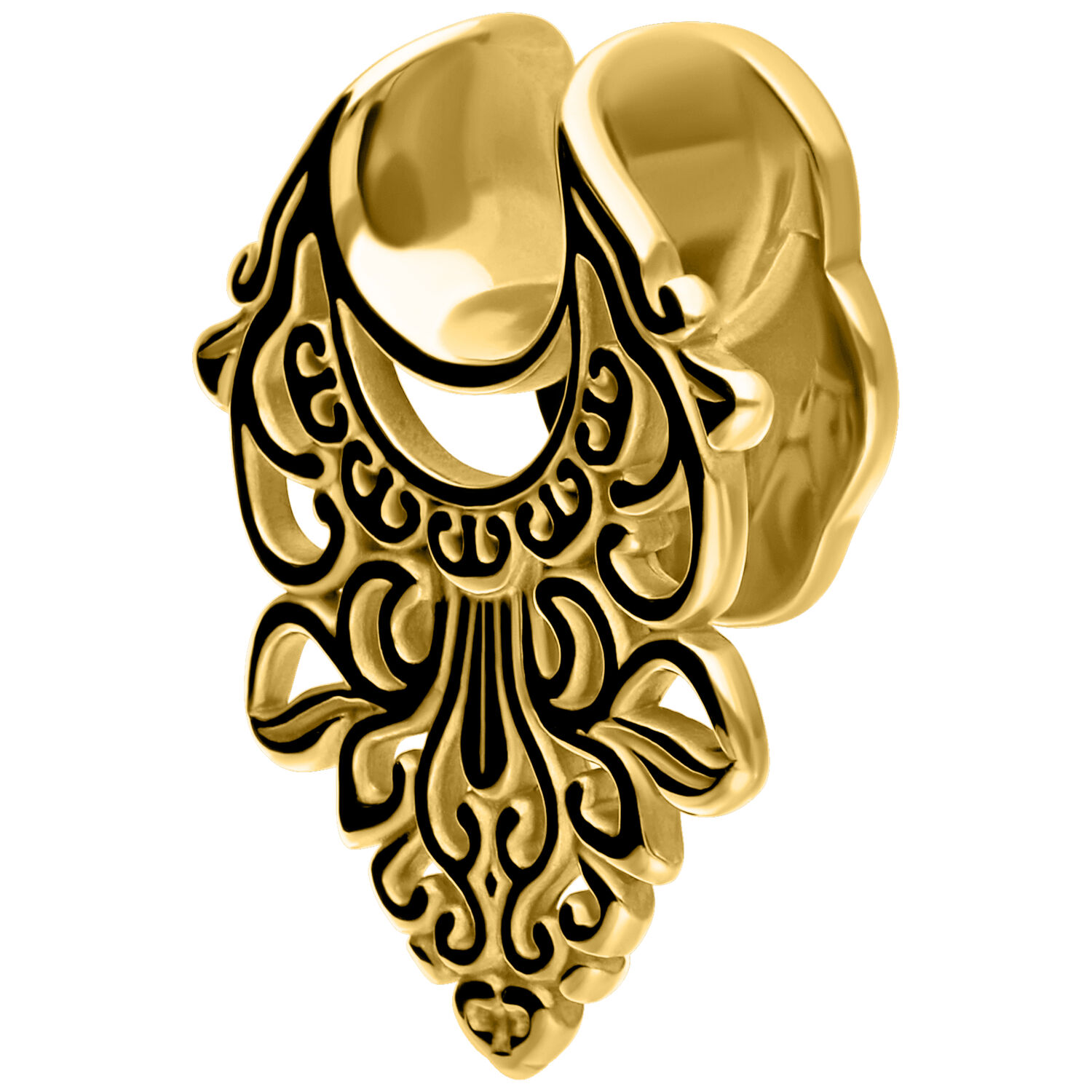 Goldener Ohrstecker in barockem Design auf weißem Hintergrund