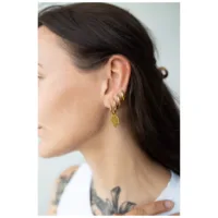 Kultaiset Smiley-korvakorut korvassa Kultaiset Smiley-korvakorut kirurginteräksestä, naisen korvassa