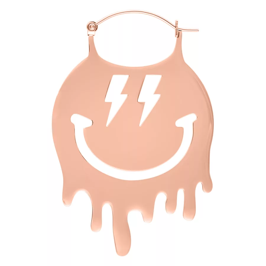 Suuret rosékultaiset korvakorut, joissa on Smiley-kuvio valkoisella taustalla