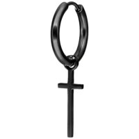 Schwarzer Ohrring mit Kreuzanhänger auf weißem Hintergrund