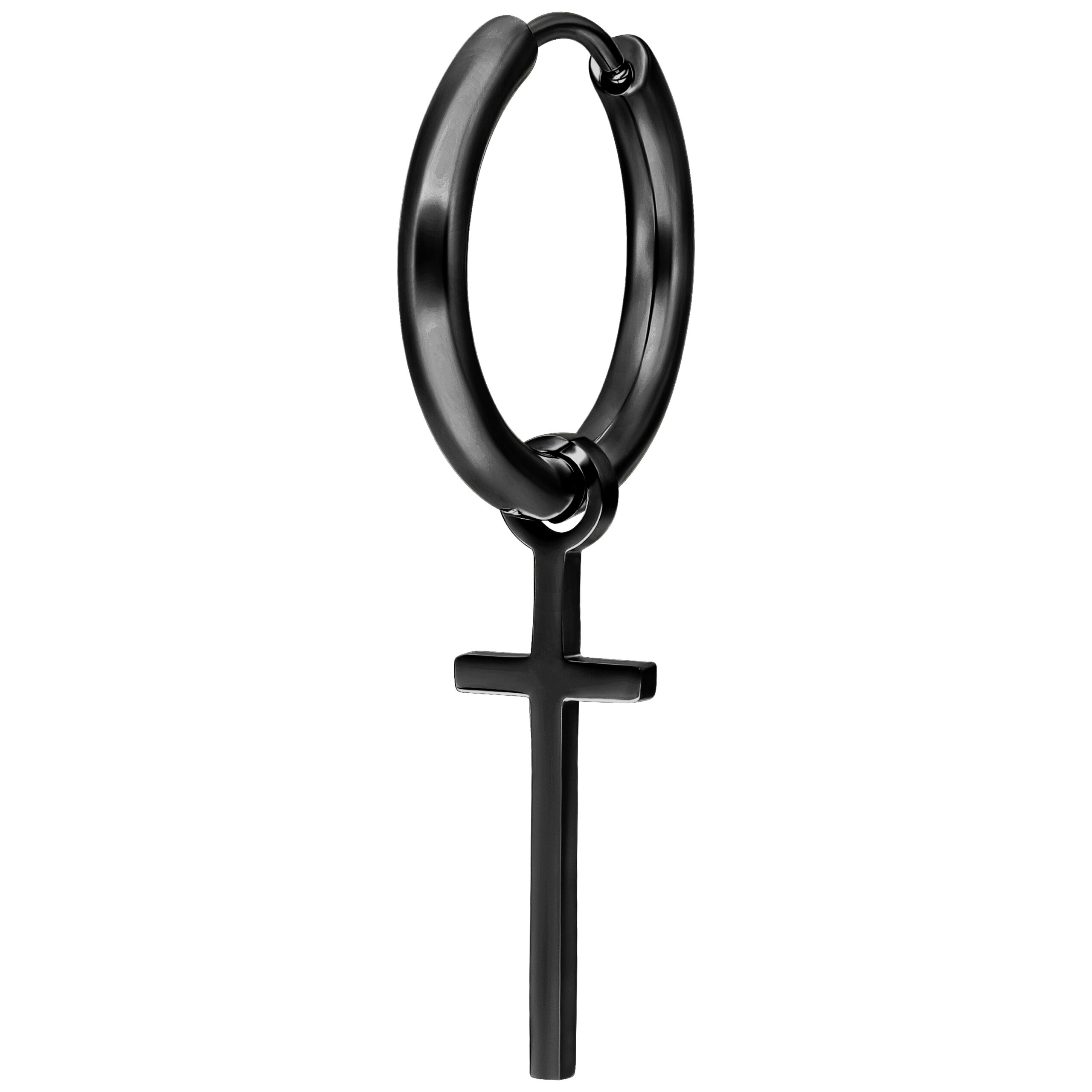 Schwarzer Ohrring mit Kreuzanhänger auf weißem Hintergrund