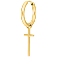 Goldene Creole mit Kreuzanhänger auf weißem Hintergrund