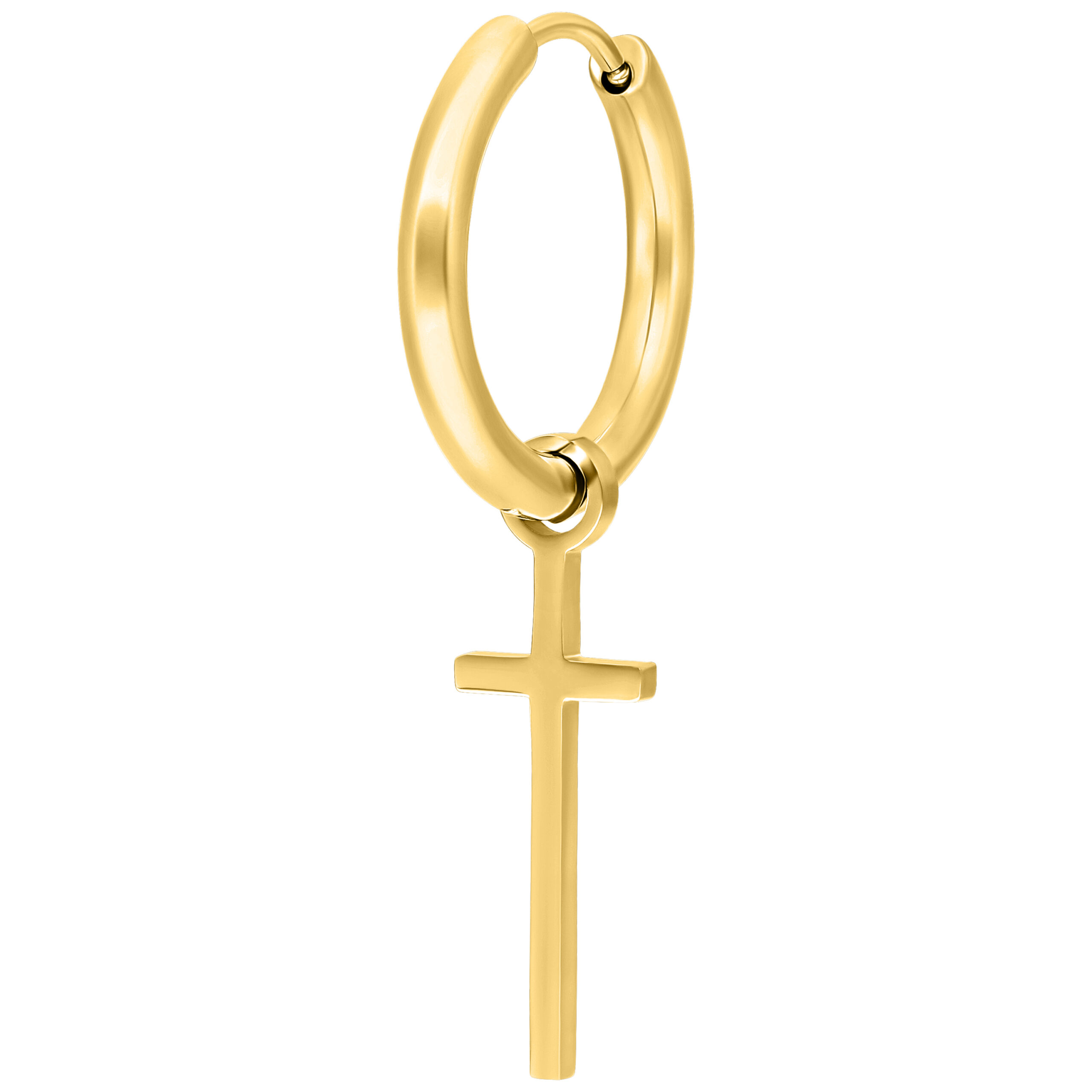 Goldene Creole mit Kreuzanhänger auf weißem Hintergrund