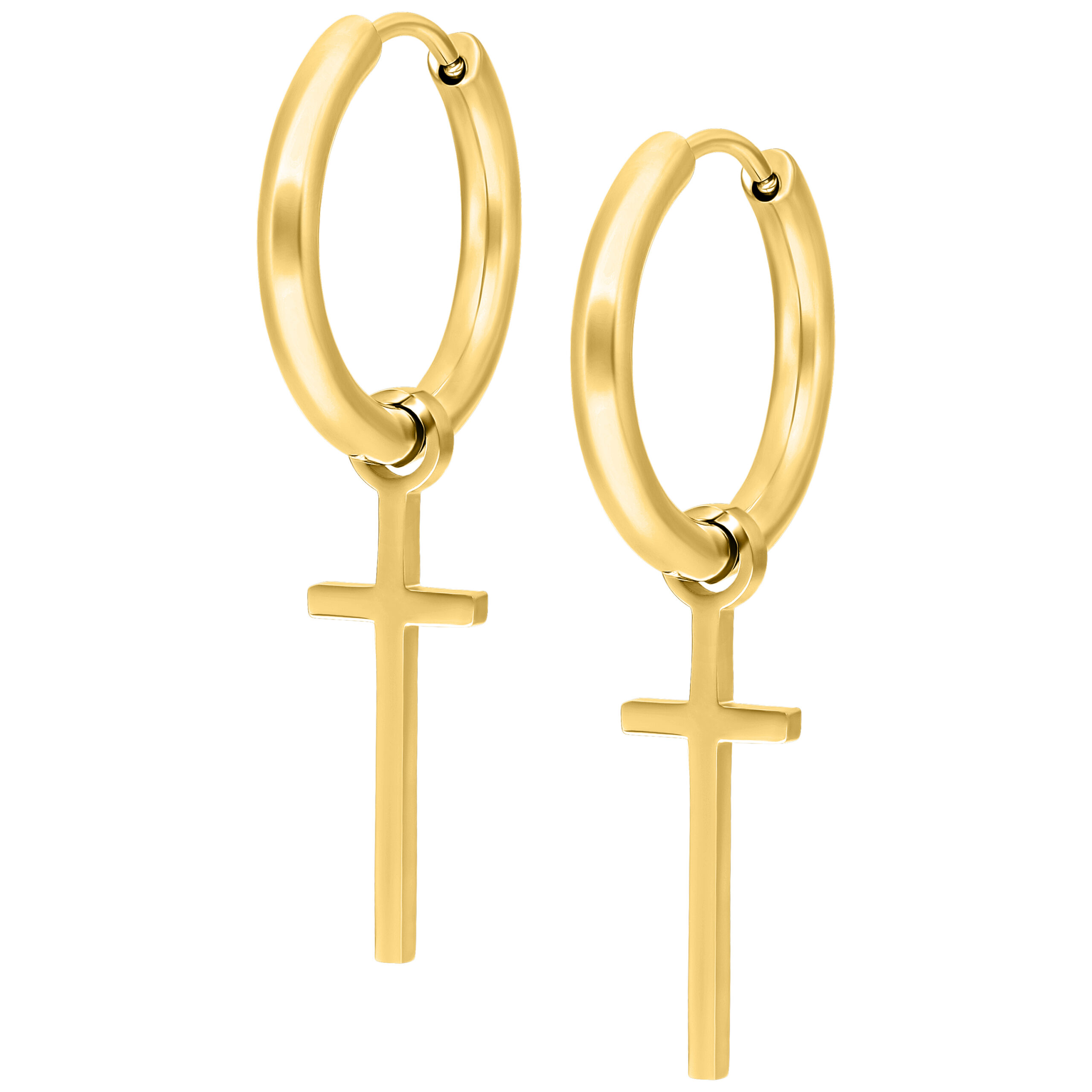 Goldene Creolen mit Kreuzanhänger auf weißem Hintergrund, glänzend