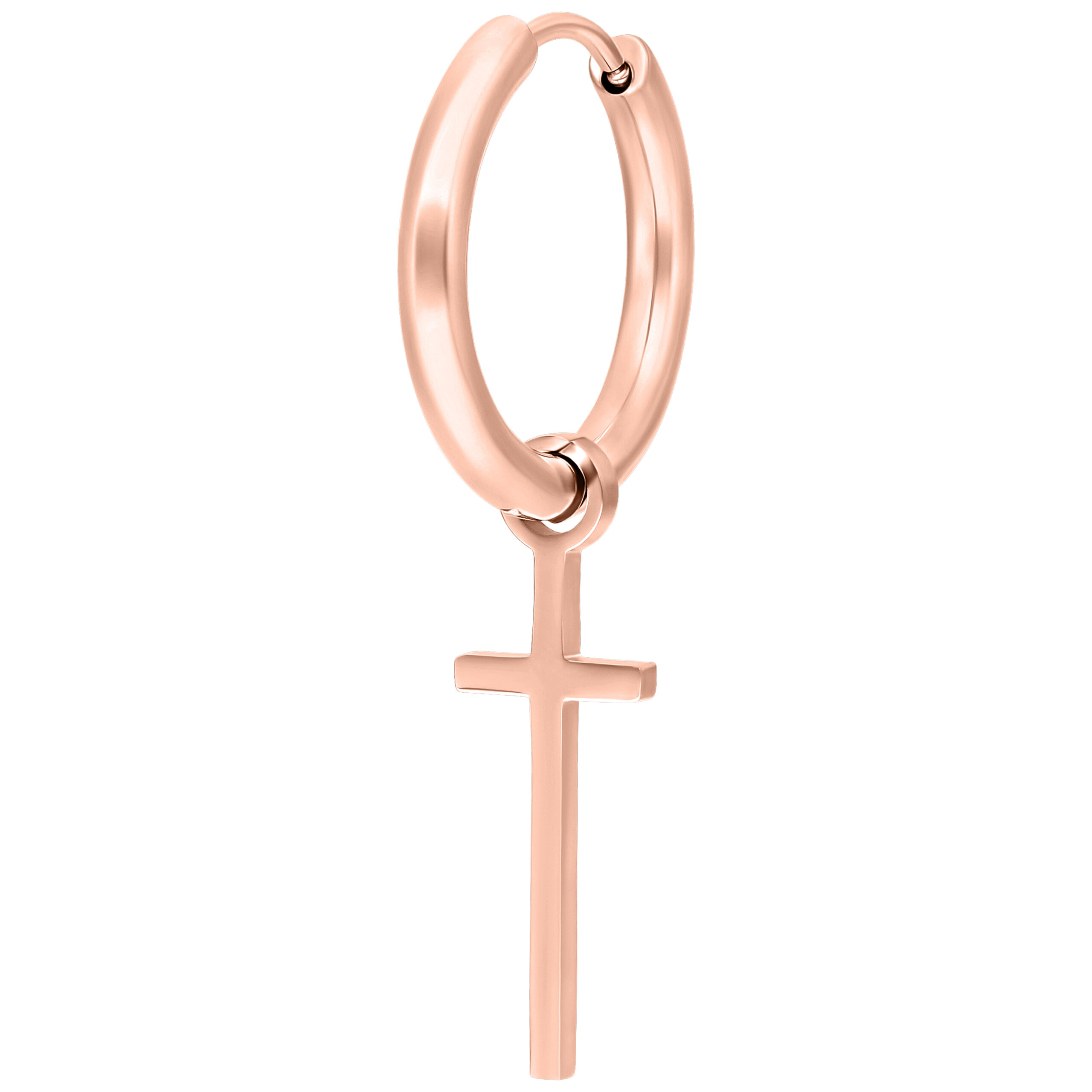 Roségoldene Ohrringe mit Kreuzanhänger auf weißem Hintergrund