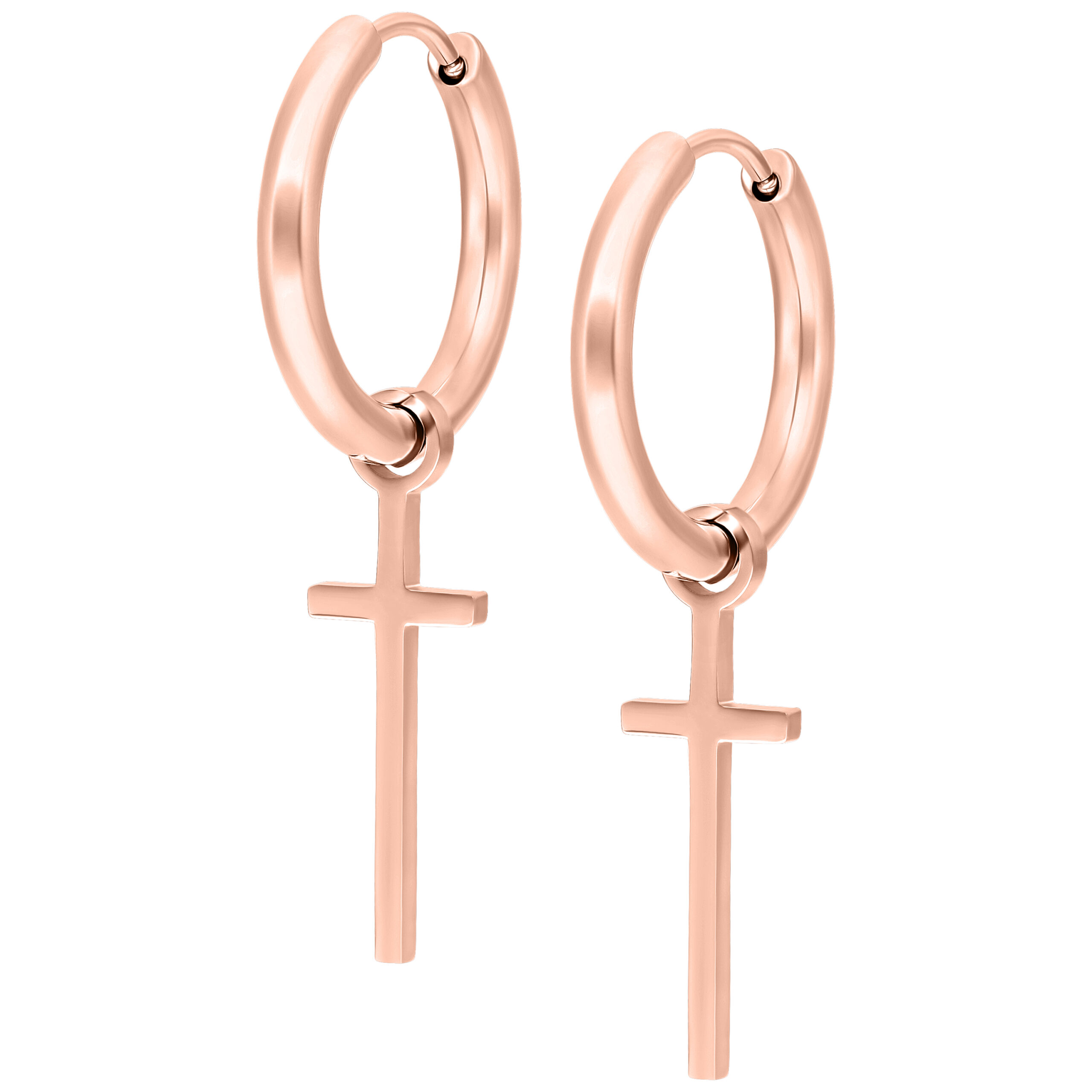 Zwei roségoldene Creolen mit Kreuzanhänger auf weißem Hintergrund