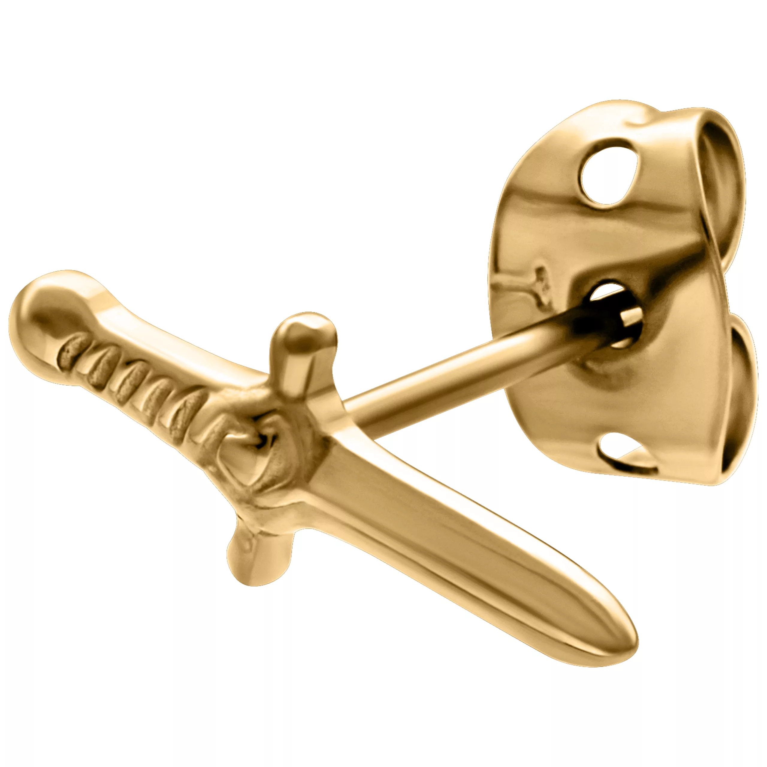 Kultaiset miekka korvakorut tappikiinnityksellä valkoisella taustalla