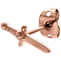 Kiiltävä ruusukultainen miekka-korvakoru valkoisella taustalla