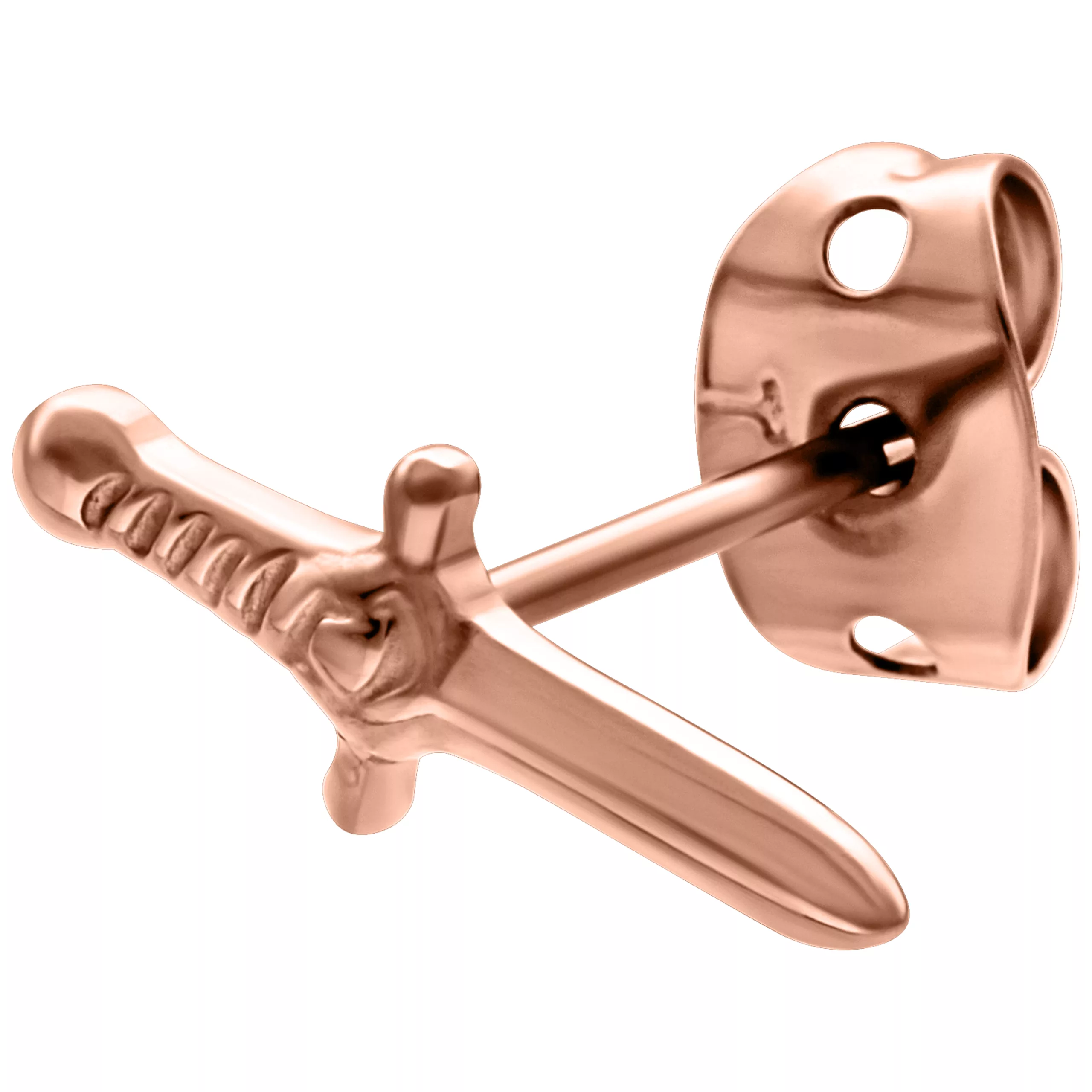 Kiiltävä ruusukultainen miekka-korvakoru valkoisella taustalla