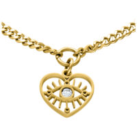 Goldenes Herz-Armband mit Kristall-Eye Goldenes Armband mit Herzanhänger und Kristallauge auf weißem Hintergrund