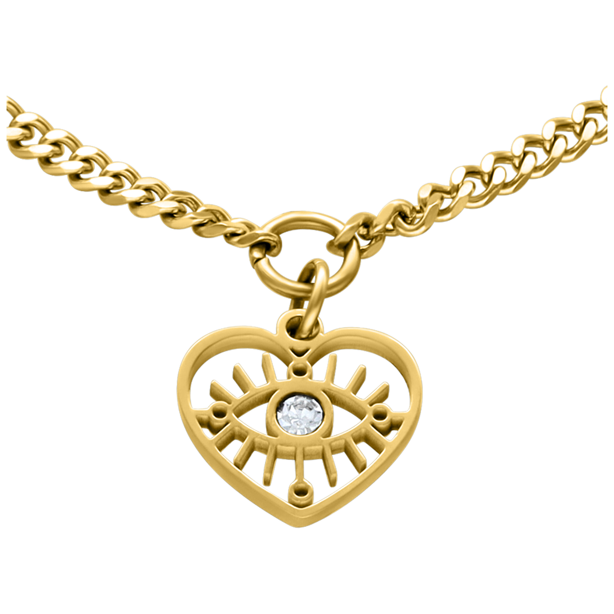 Goldenes Herz-Armband mit Kristall-Eye Goldenes Armband mit Herzanhänger und Kristallauge auf weißem Hintergrund