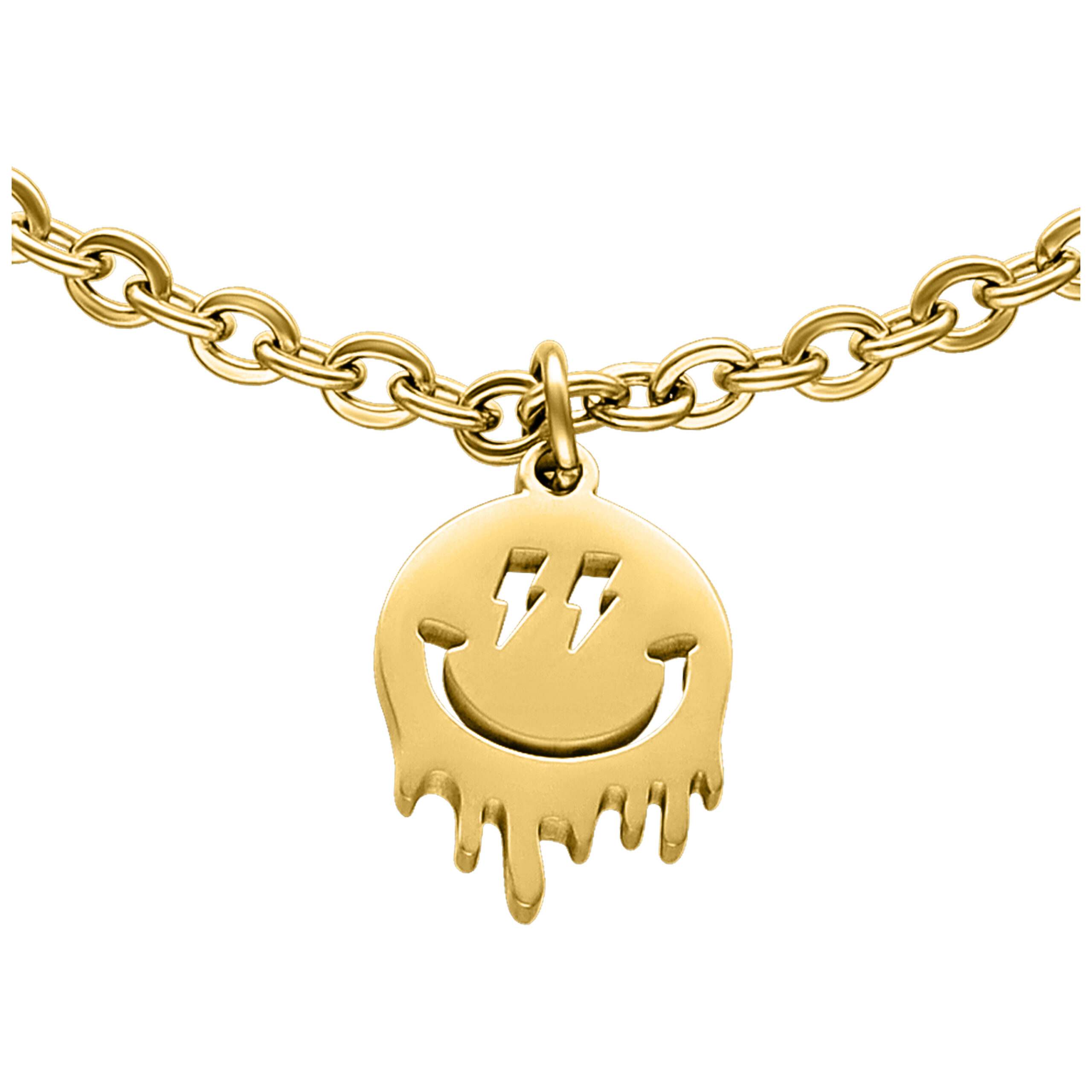 Goldenes Little Smiley Armband Goldenes Armband mit Smiley-Anhänger auf weißem Hintergrund