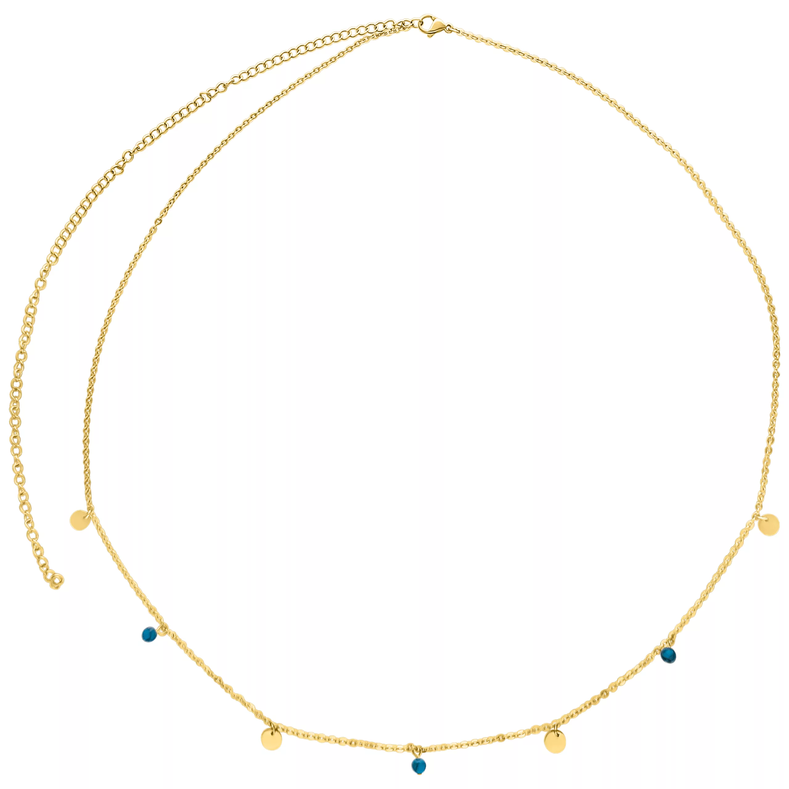 Kultainen kaksinkertainen vatsaketju pienillä riipuksilla valkoisella taustalla