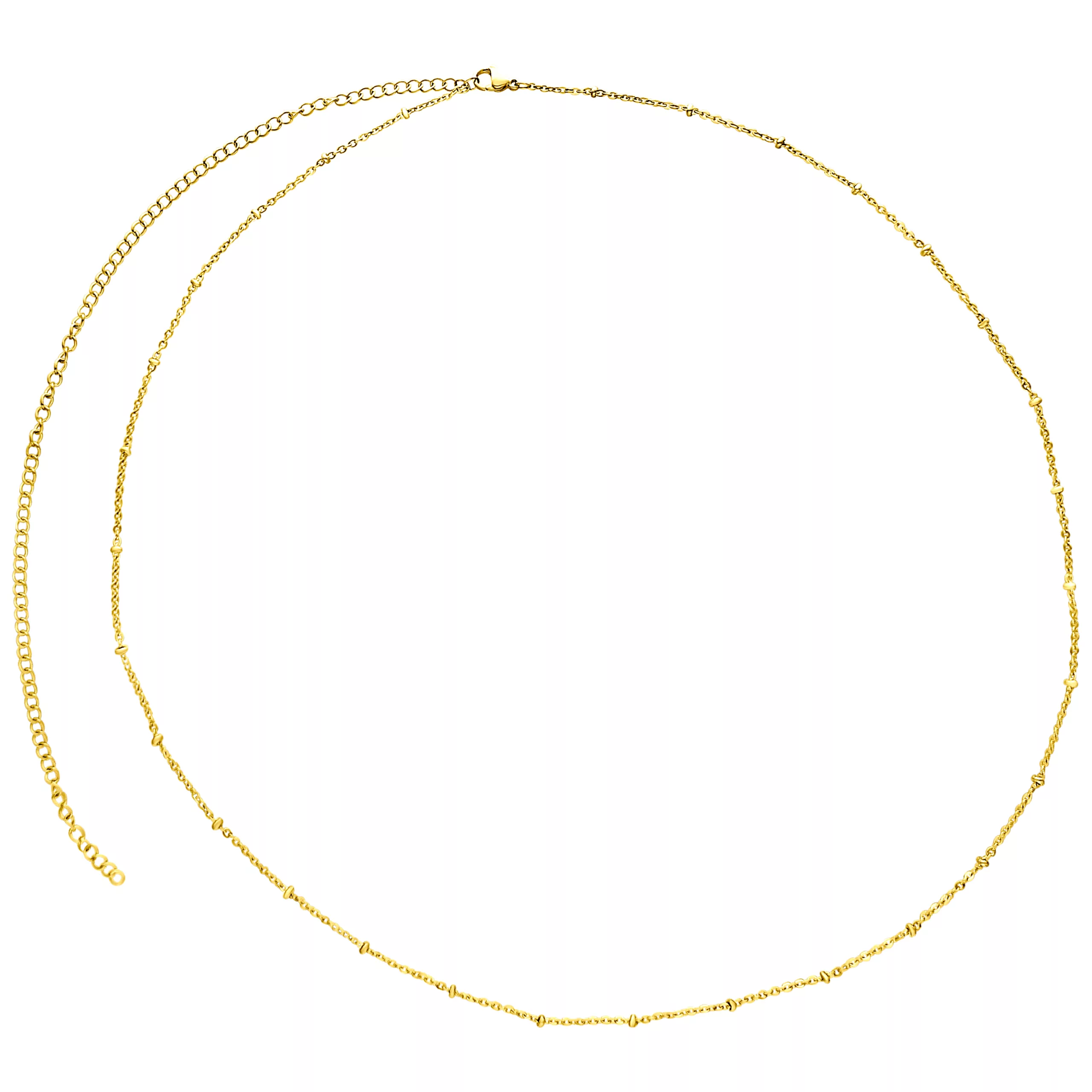 Kultaiset kaksiriviset vatsaketjut kirurginteräksestä valkoisella taustalla