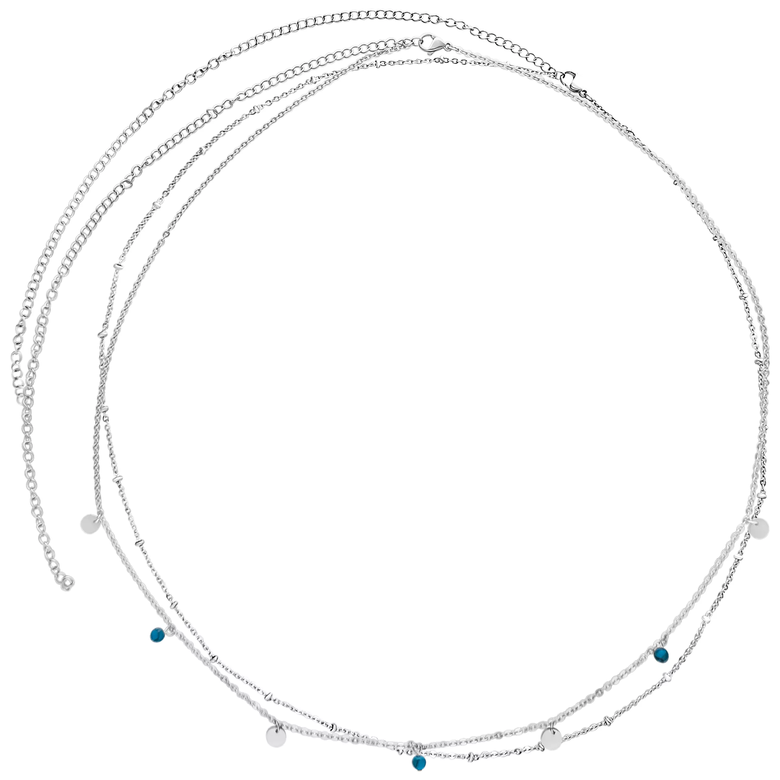 Hopeinen kaksinkertainen vatsaketju kirurginteräksestä 316L pienillä riipuksilla valkoisella taustalla
