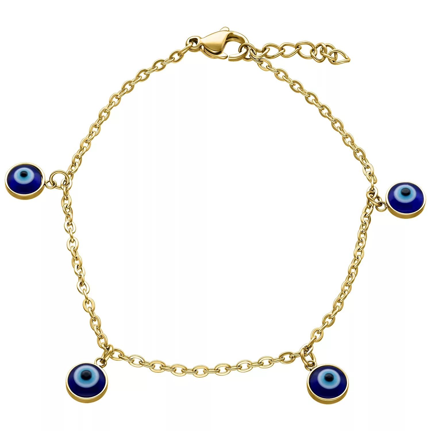 Pieni Nazar-rannekoru kultaisena Kultainen rannekoru Nazar-riipuksilla valkoisella taustalla