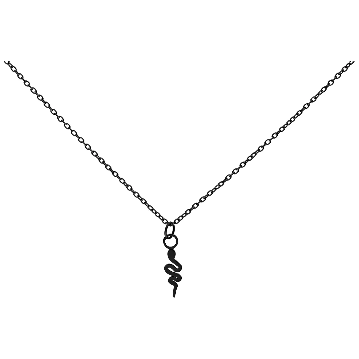 Musta kaulakoru käärme-riipuksella kirurginteräksestä valkoisella taustalla