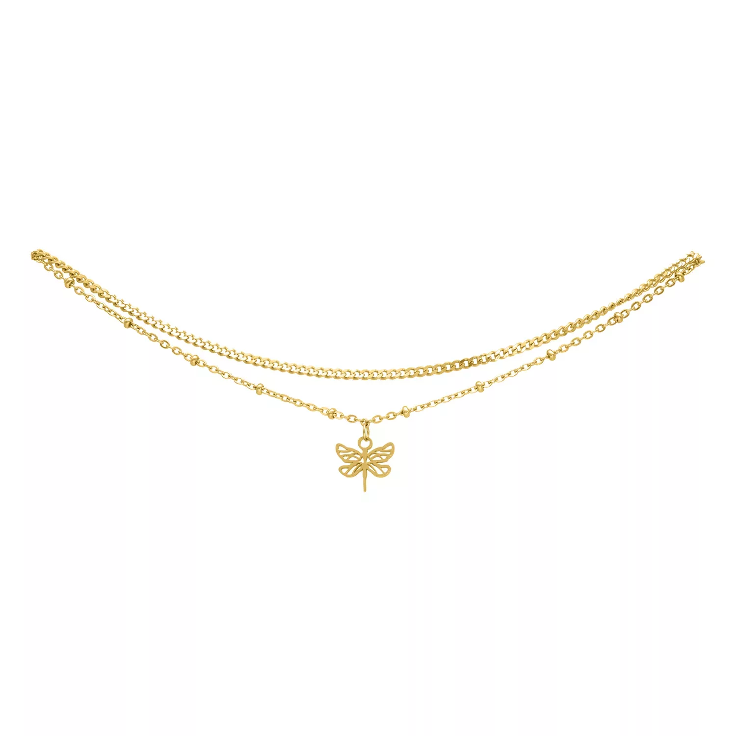 Kaksirivinen kultainen metallinen nilkkaketju, jossa on sudenkorento-riipus valkoisella taustalla