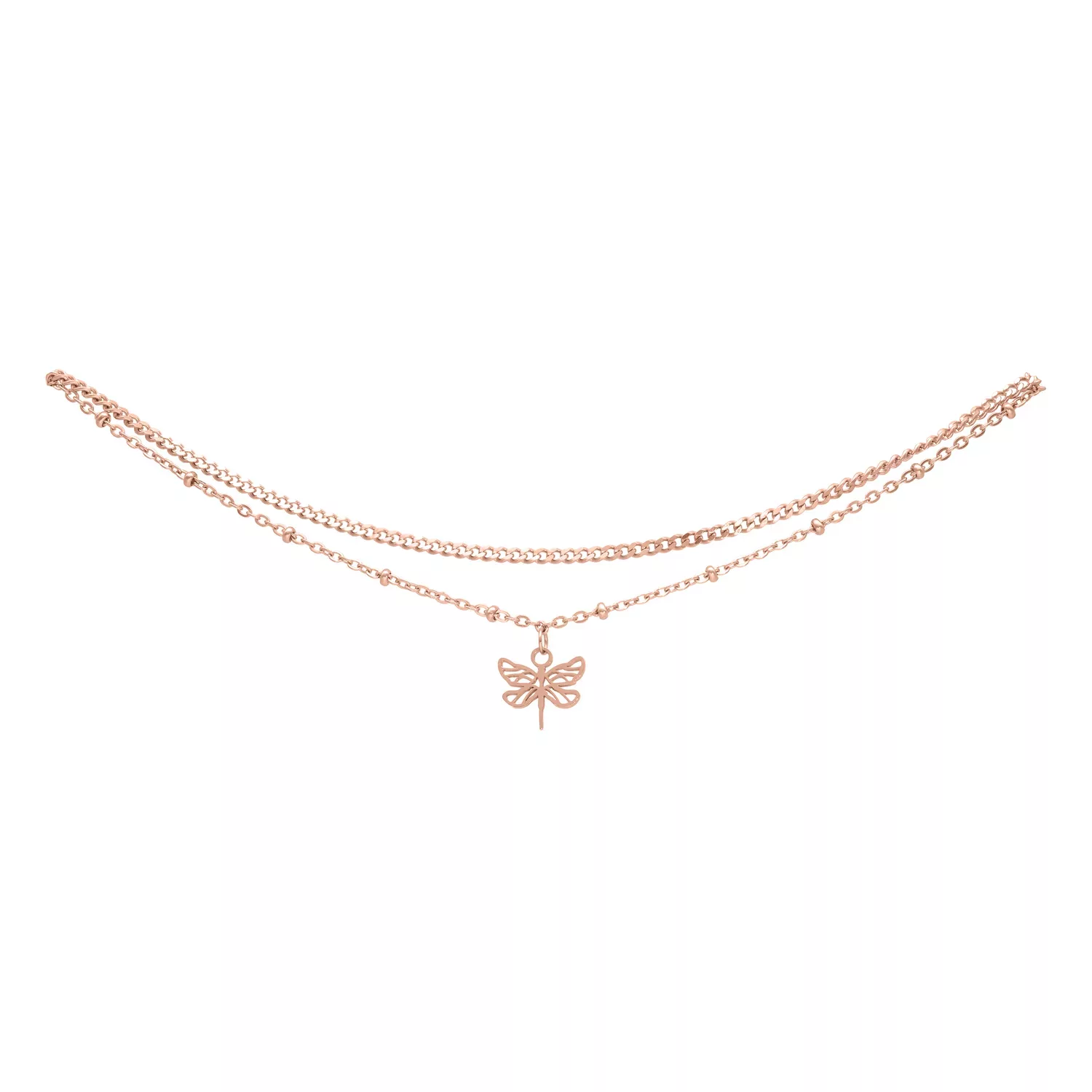 Ruusukultainen nilkkaketju sudenkorento-riipuksella valkoisella taustalla