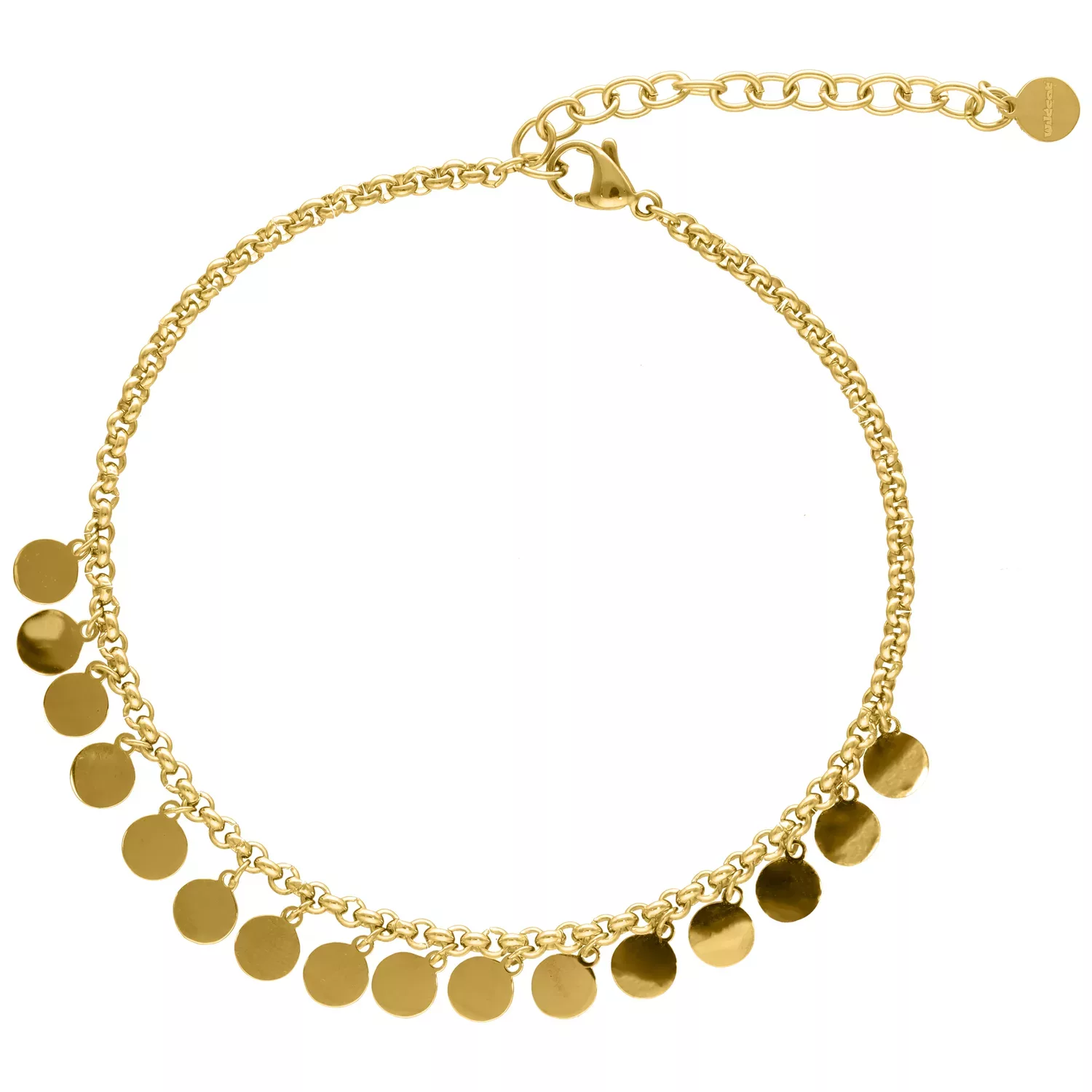 Kultainen nilkkaketju pyöreillä riipuksilla valkoisella taustalla