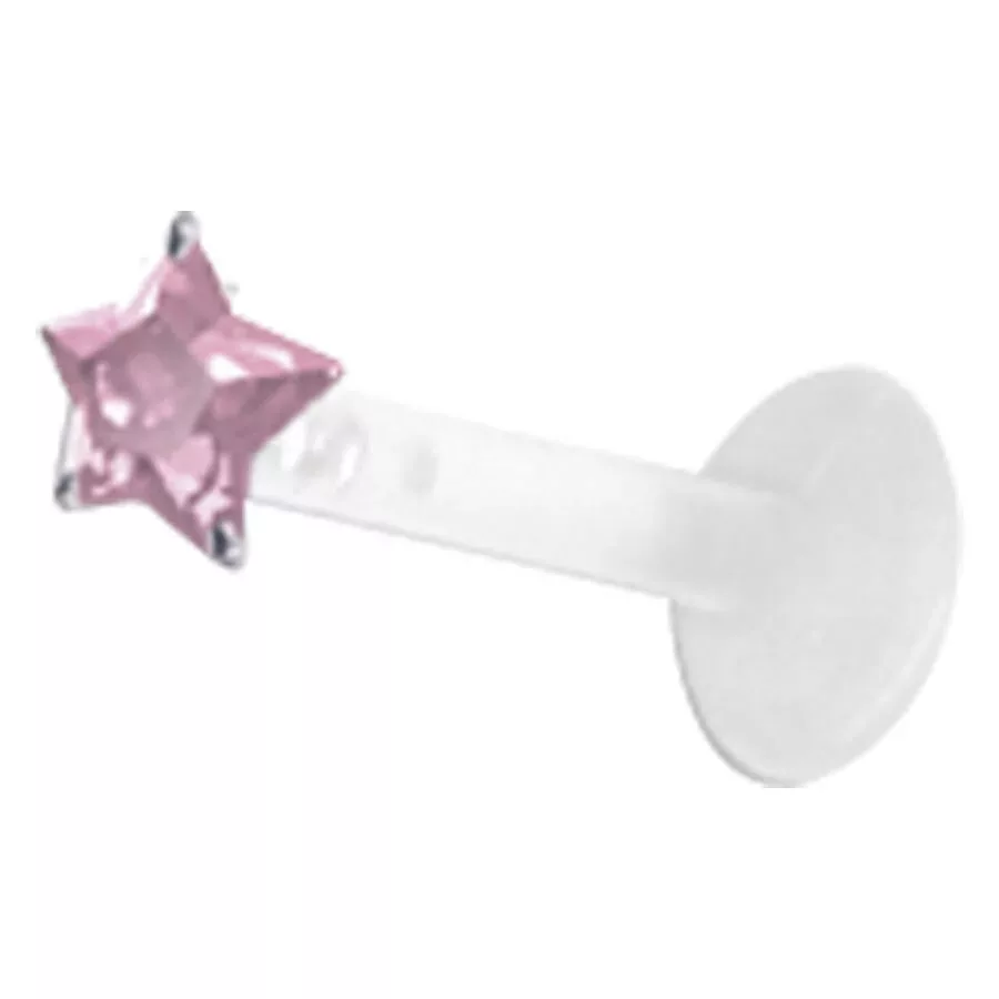 Pink Star Push-Fit Labret Bioplastista Pinkki tähti-labret Bioplastista hopeisilla yksityiskohdilla valkoisella taustalla