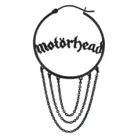 Mustat Motörhead-korvakorut kirurginteräksestä Mustat korvakorut, joissa Motörhead-teksti ja ketjuriipukset valkoisella taustalla