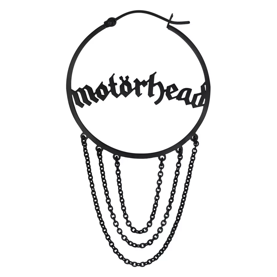 Mustat Motörhead-korvakorut kirurginteräksestä Mustat korvakorut, joissa Motörhead-teksti ja ketjuriipukset valkoisella taustalla