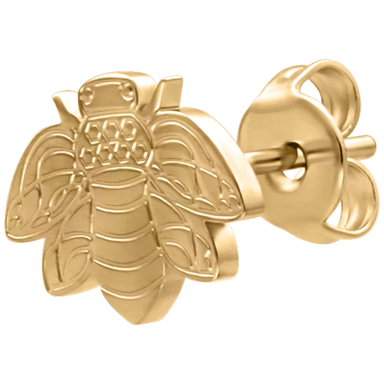 Kultaiset mehiläiskorvakorut kirurginteräksestä Kultaiset mehiläiskorvakorut kirurginteräksestä 316L valkoisella taustalla