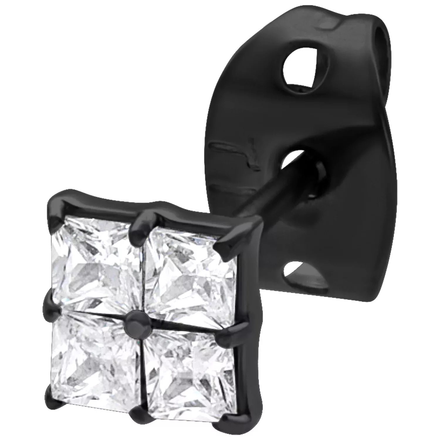 Mustat neliönmuotoiset kristallikorvakorut Mustat neliönmuotoiset korvakorut kirkkailla kristalleilla valkoisella taustalla