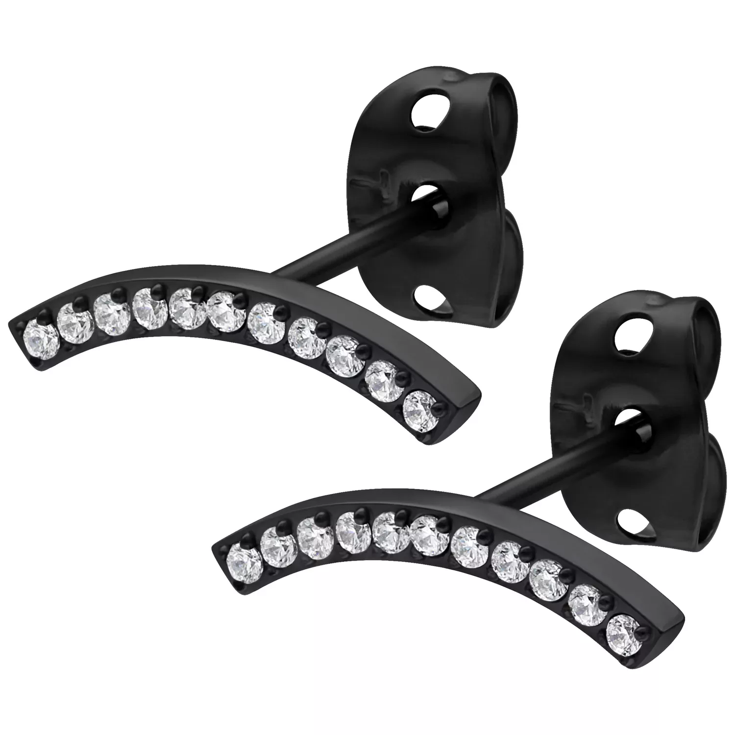 Musta Crystal Arch korvakorut kristalleilla Mustat korvakorut kimaltavilla kristalleilla valkoisella taustalla