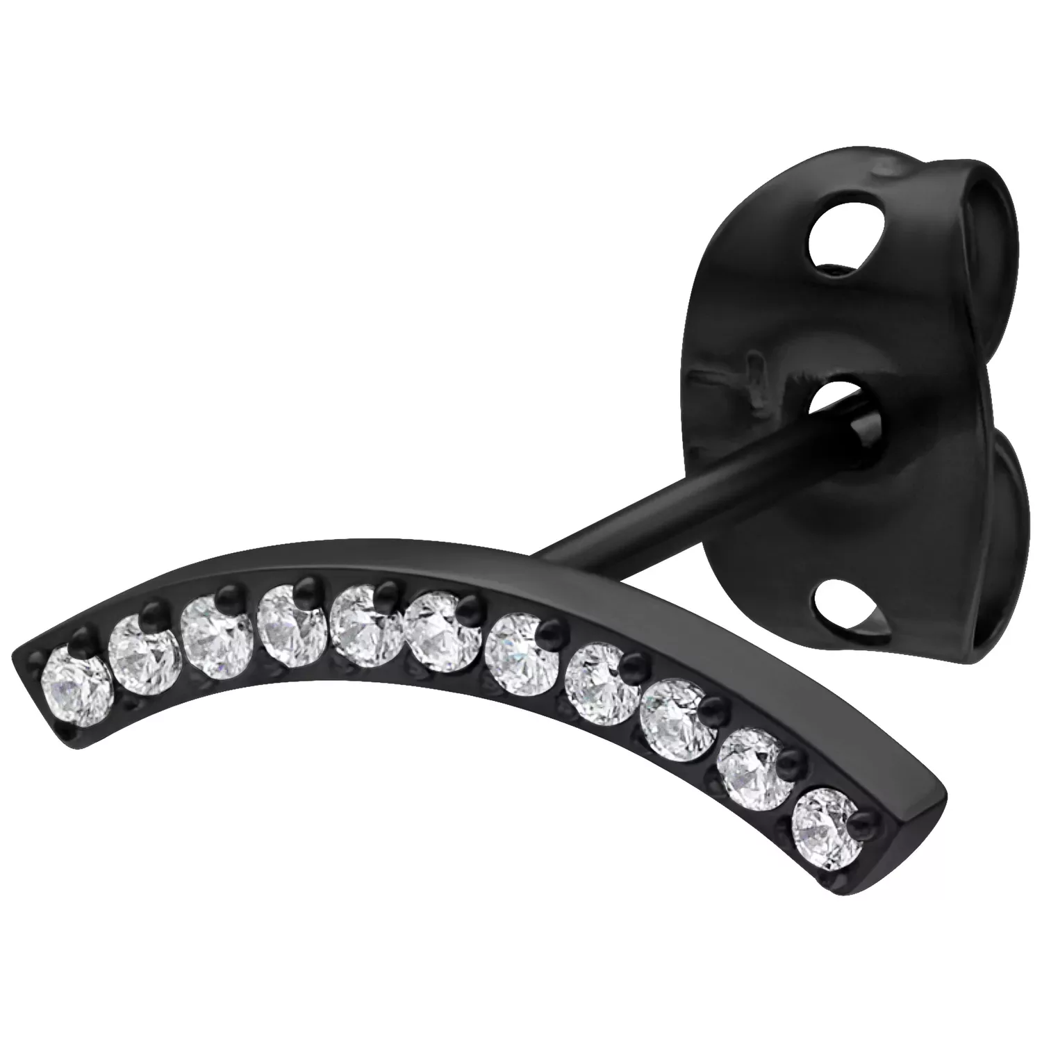 Musta Crystal Arch korvakoru kristalleilla Musta kaarikorvakoru kirkkailla kristalleilla valkoisella taustalla