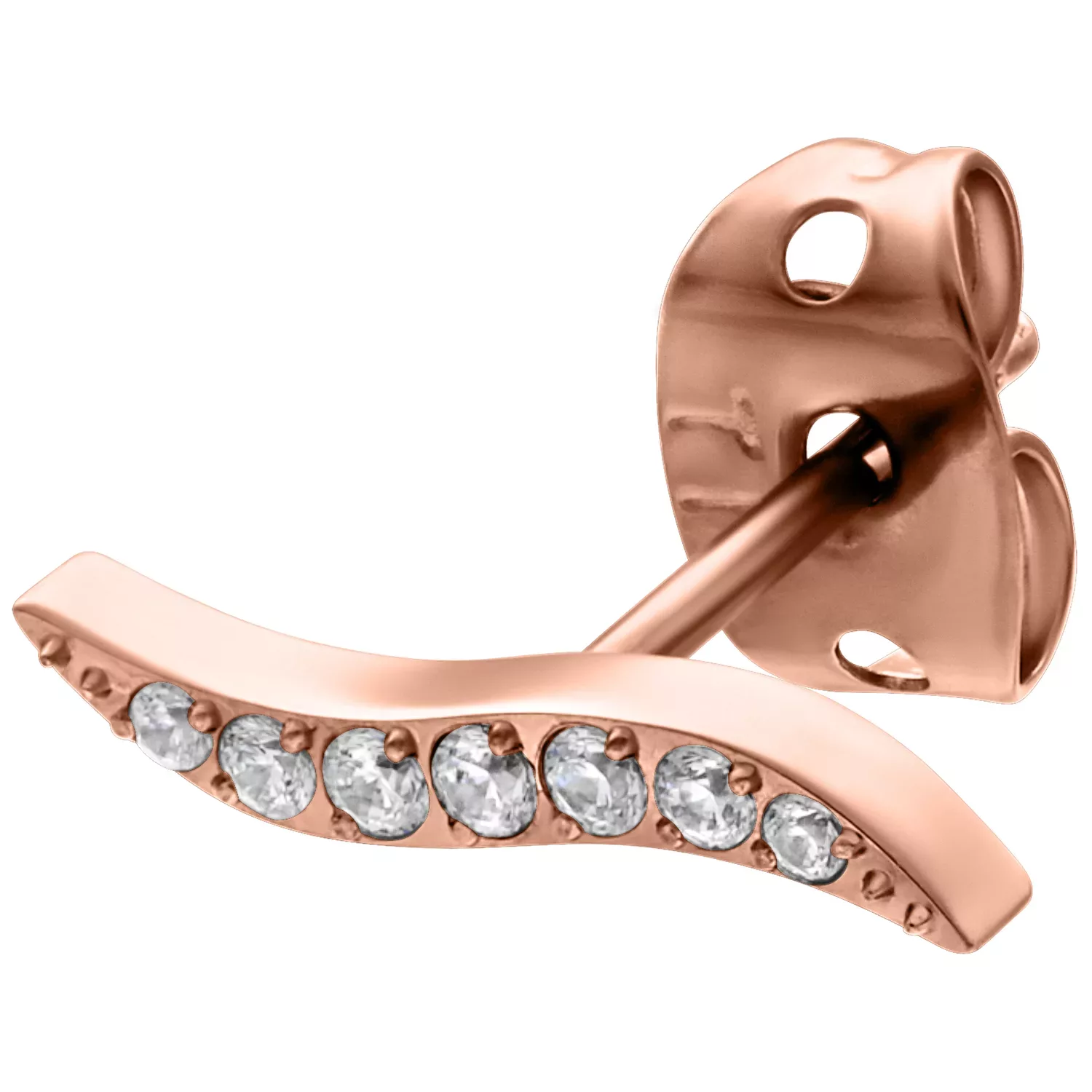 Ruusukultainen korvakoru kristalleilla valkoisella taustalla