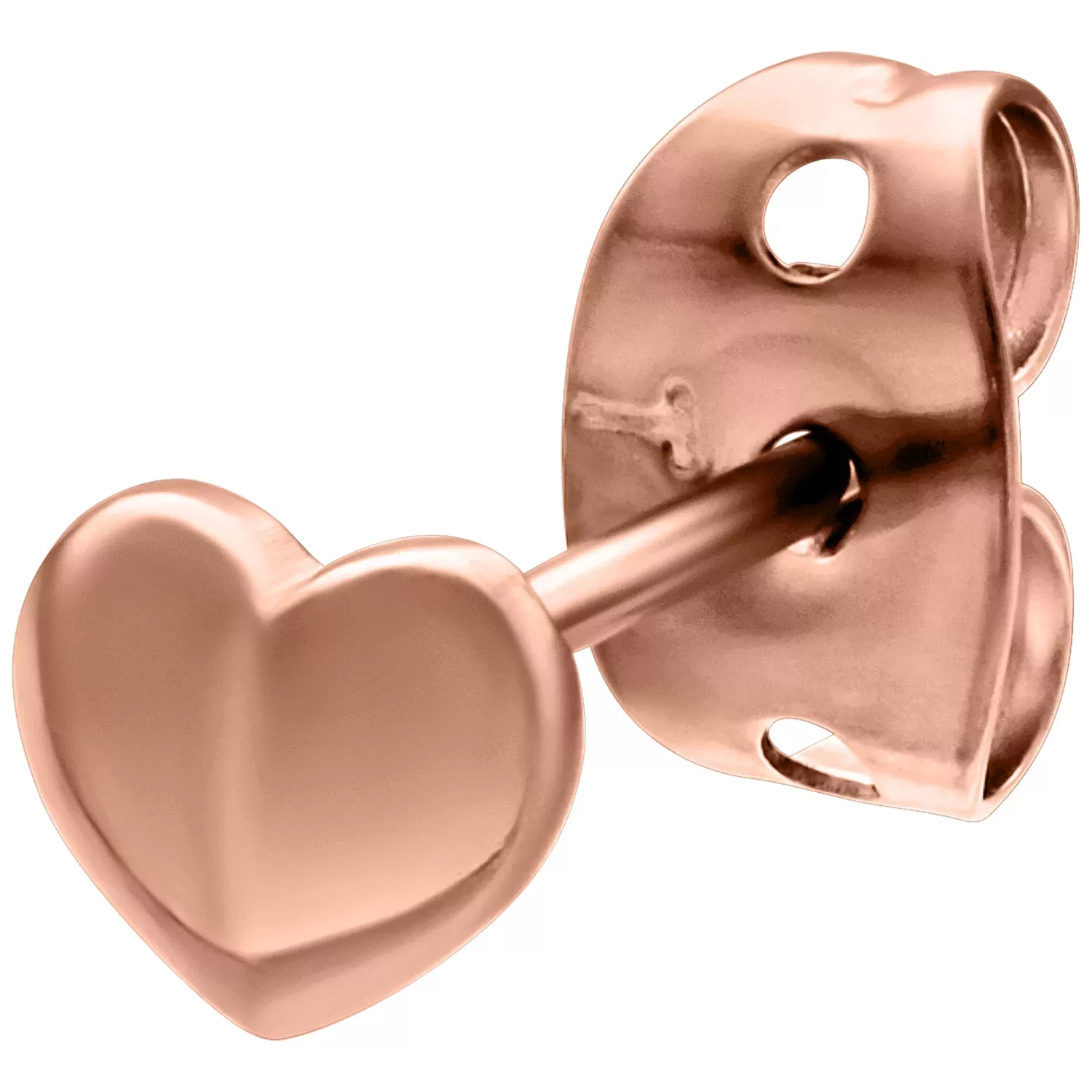 Ruusu-kultaiset sydänkorvakorut valkoisella taustalla, kiiltävä pinta