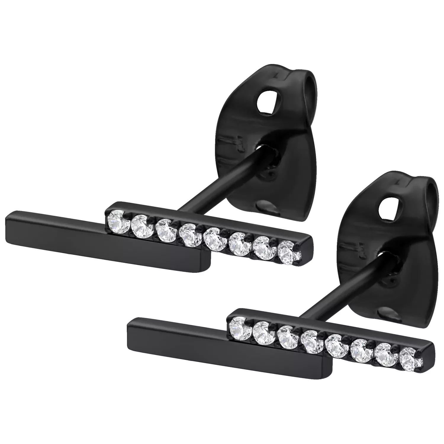 Musta korvakorut kristalleilla Kaksi mustaa korvakorua kirkkailla kristalleilla valkoisella taustalla