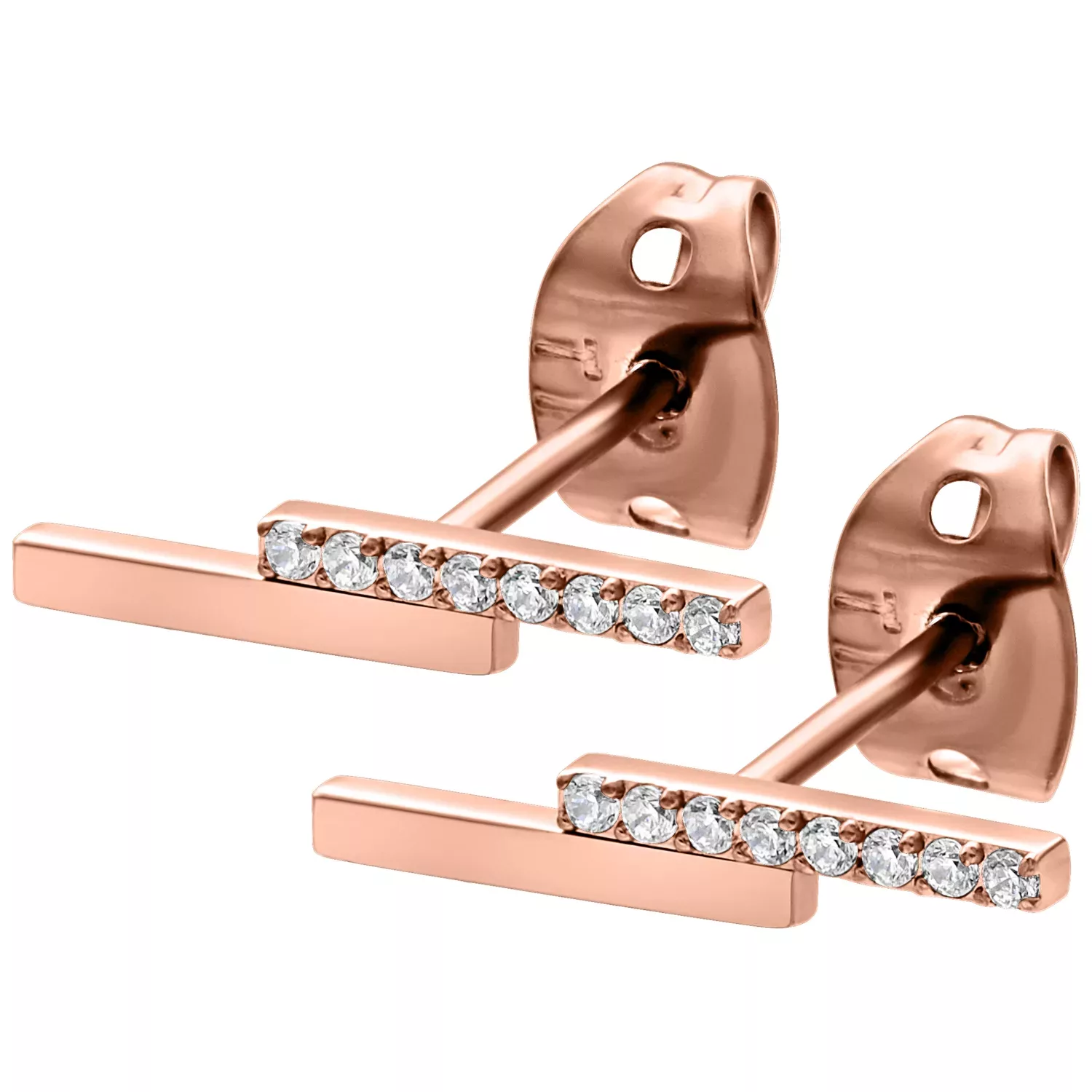 Kaksi ruusukultaista korvakorua kirkkailla kristalleilla valkoisella taustalla