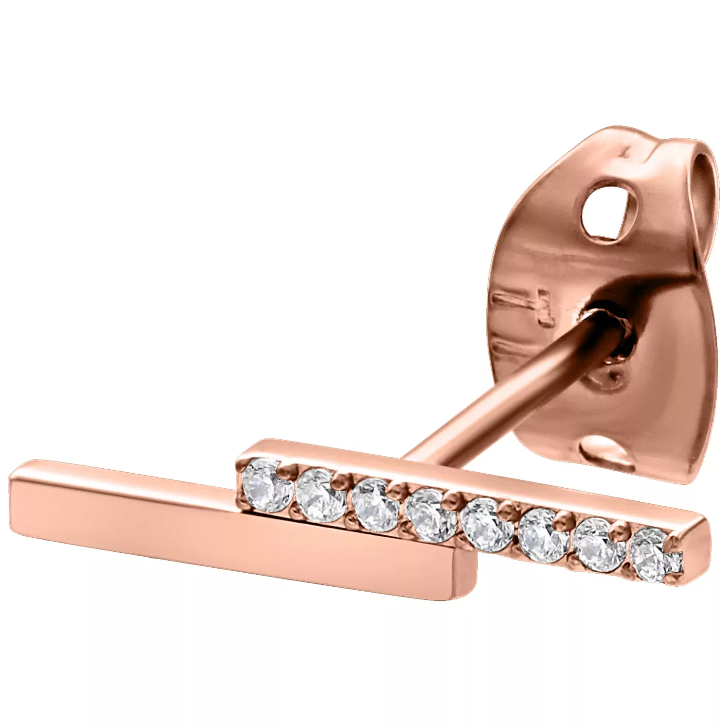 Ruusu-kultainen korvakoru kirkkailla kristalleilla valkoisella taustalla