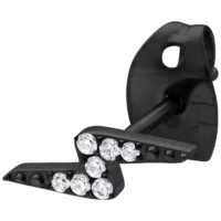 Musta salamanmuotoinen korvakoru, jossa kirkkaita kristalleja valkoisella taustalla