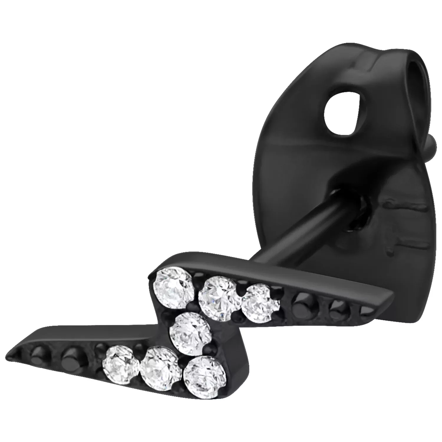 Musta salamanmuotoinen korvakoru, jossa kirkkaita kristalleja valkoisella taustalla