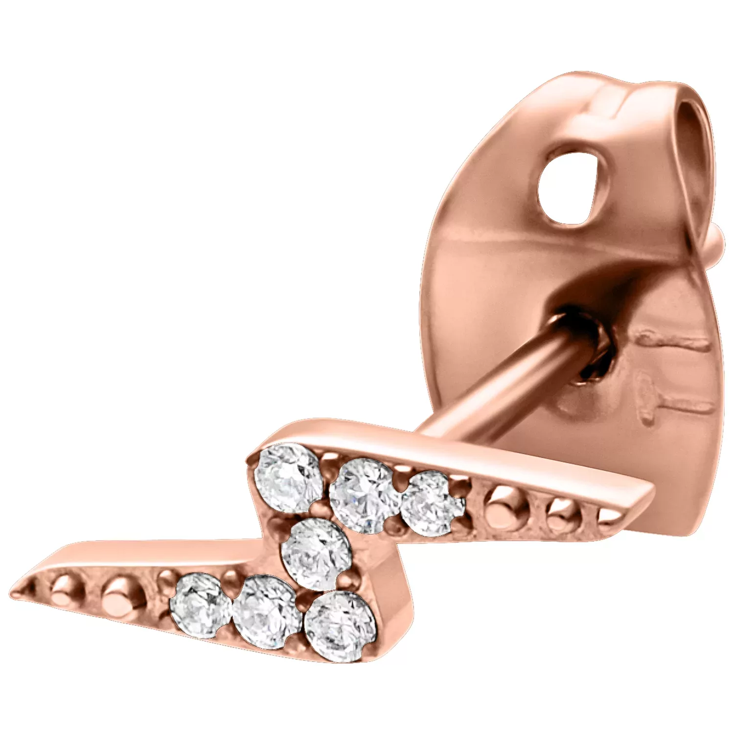 Ruusuinen salaman muotoinen korvakoru kirkkailla kristalleilla valkoisella taustalla