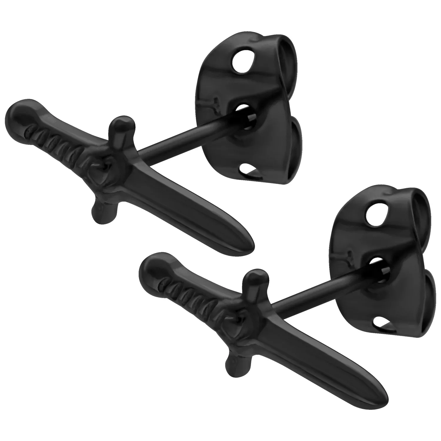 Kaksi mustaa miekka korvakorua valkoisella taustalla, kiiltäväpintaiset