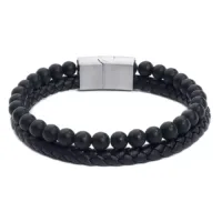 Doppeltes Armband aus Leder und Stahl Schwarzes Lederarmband mit matten Perlen und Stahlverschluss