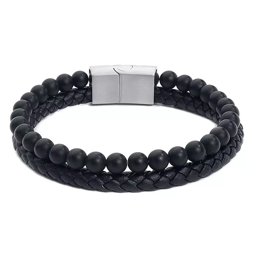 Doppeltes Armband aus Leder und Stahl Schwarzes Lederarmband mit matten Perlen und Stahlverschluss