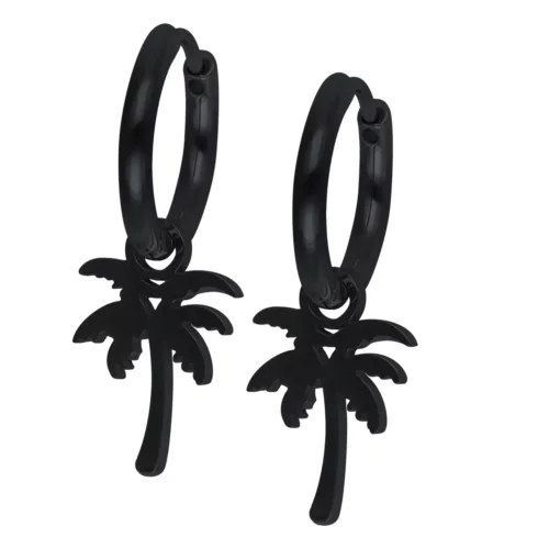 Mustat korvakorut palmu-riipuksella valkoisella taustalla