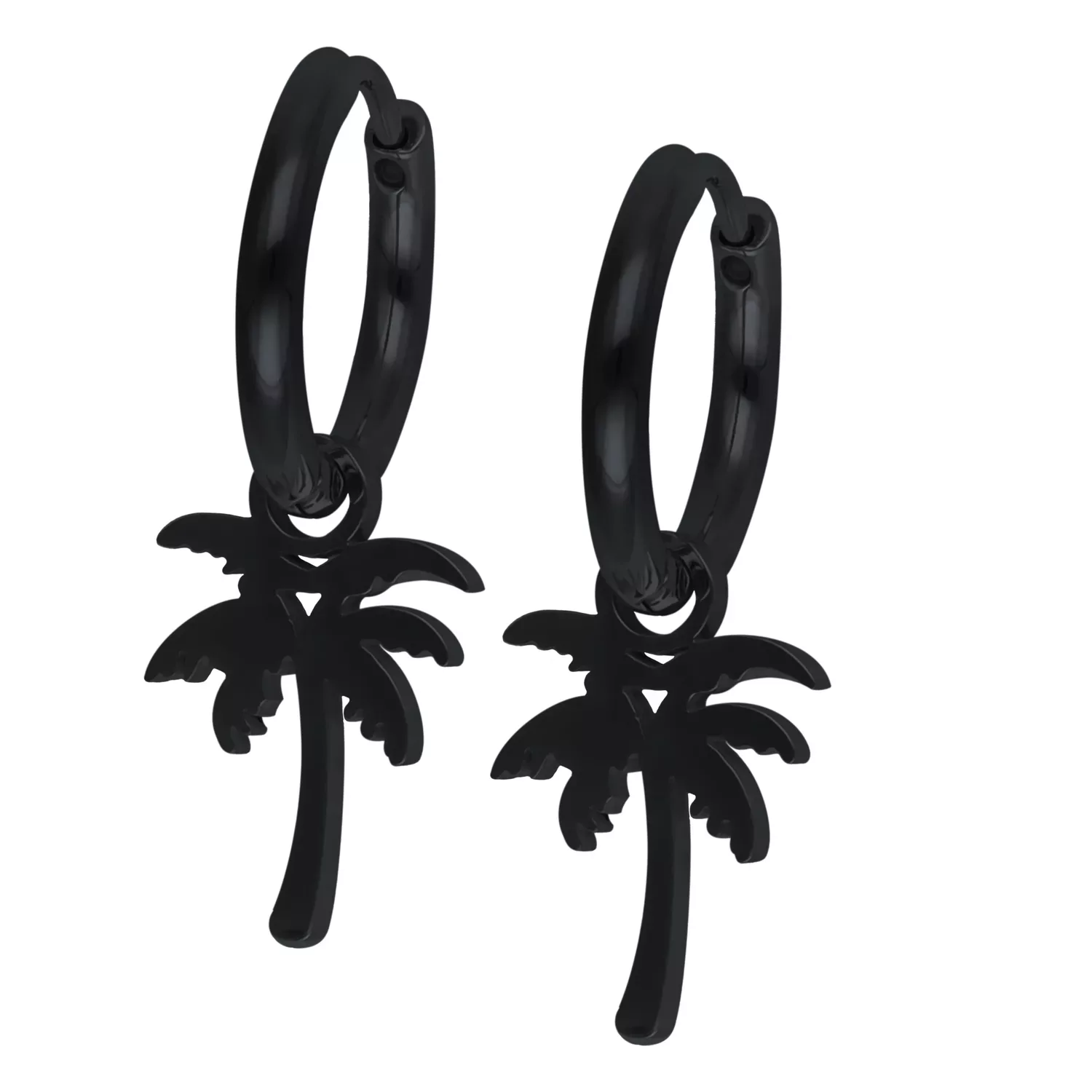 Mustat korvakorut palmu-riipuksella valkoisella taustalla