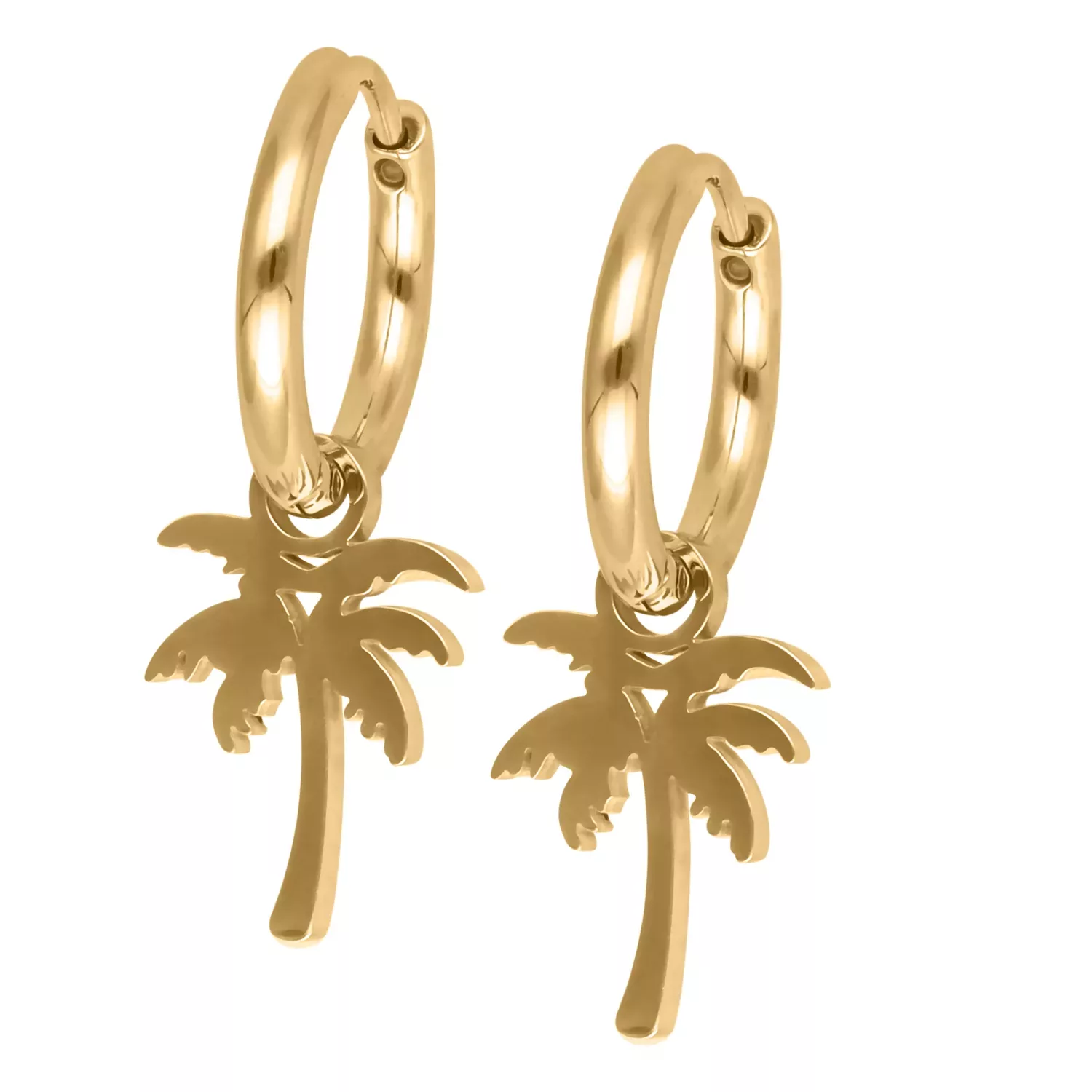 Kultaiset Little Palm Tree Hoops -korvakorut Kultaiset korvakorut palmuaiheisella riipuksella valkoisella taustalla
