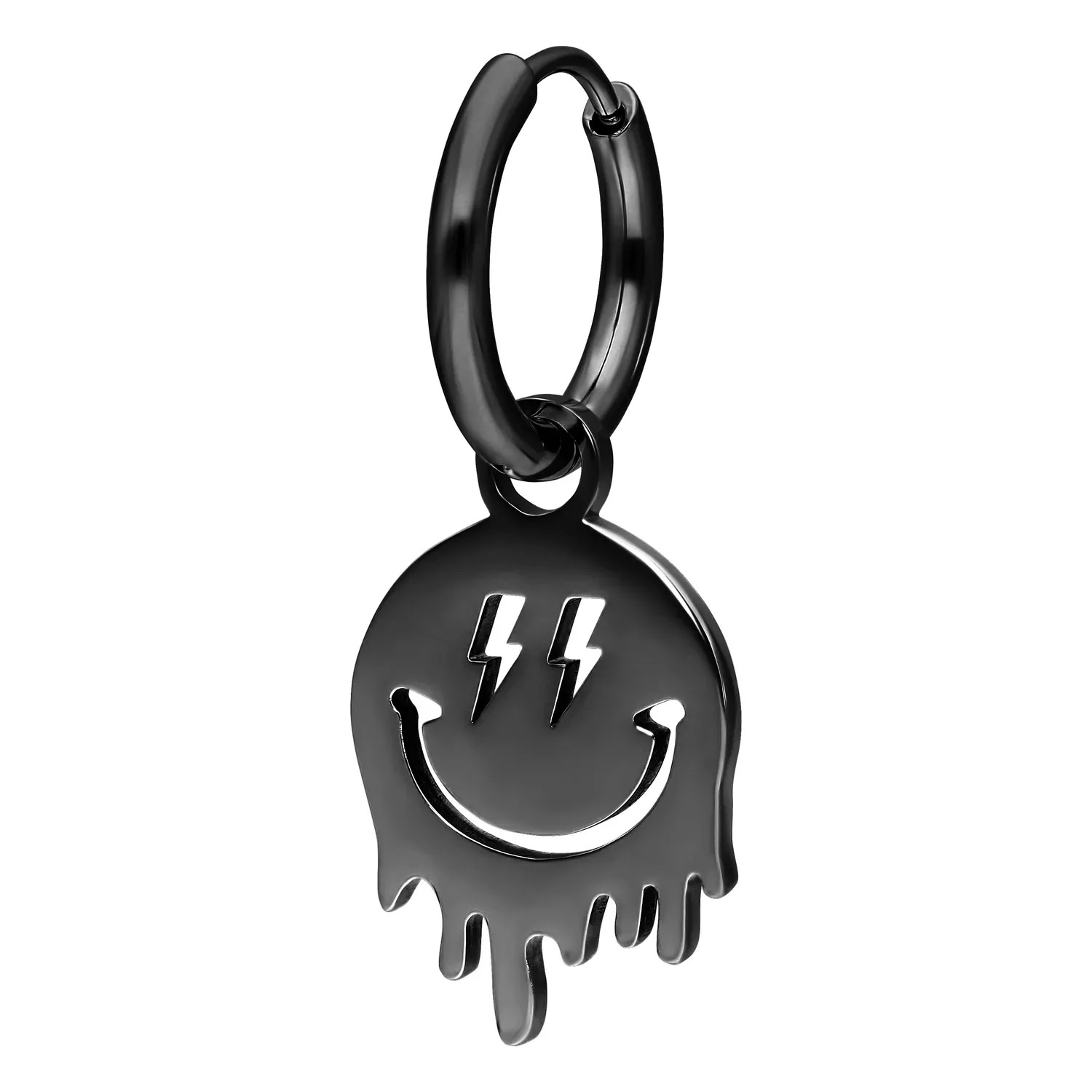 Little Smiley Hoops - Musta metallirengas Musta kirurginteräksinen korvakoru Smiley-riipuksella valkoisella taustalla