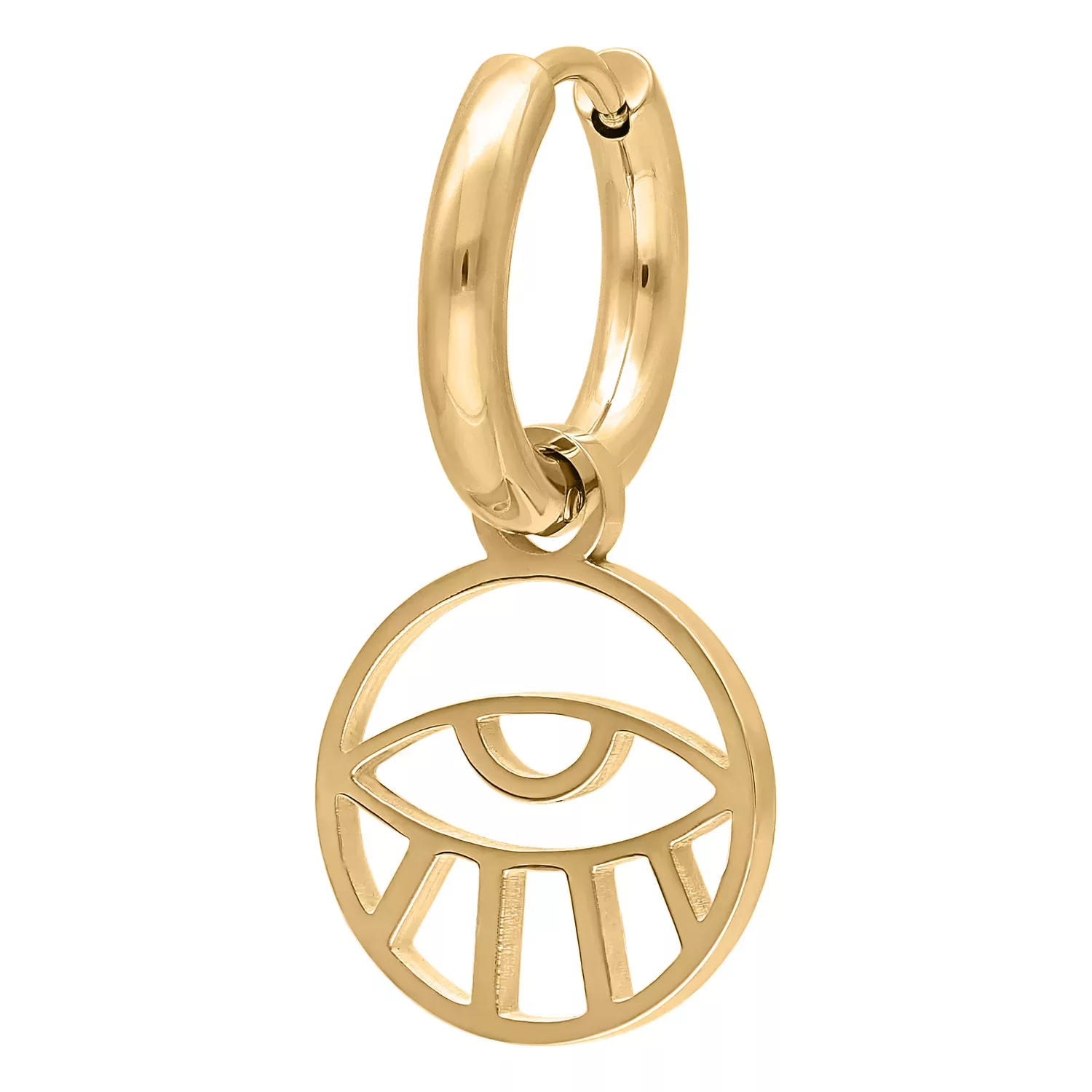 Kultaiset renkaat silmäriipuksella valkoisella taustalla